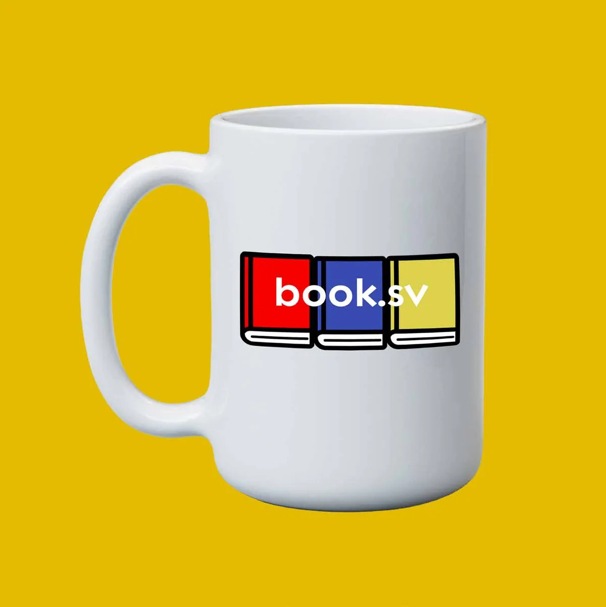 White mug printed with the Book.sv logo