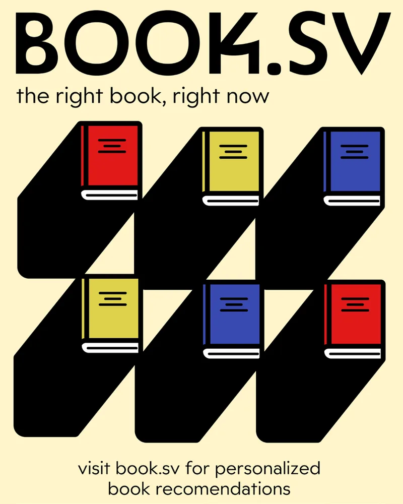 Book.sv poster: stacked books with the tagline “the right book, right now”