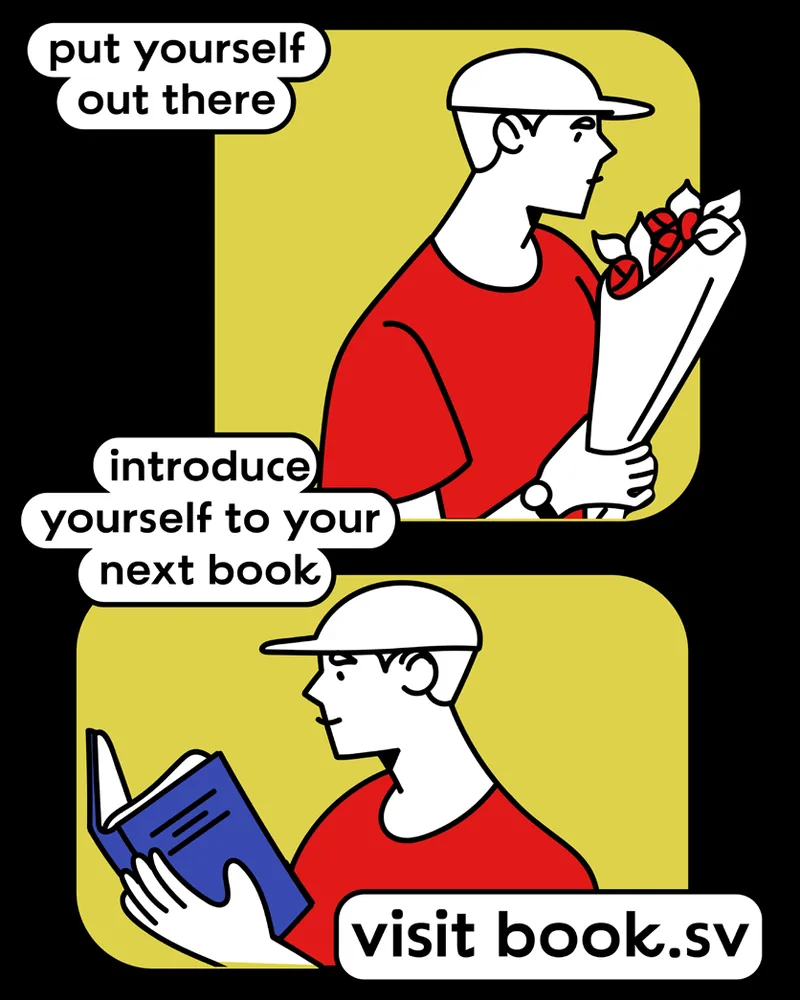 Book.sv poster: a reader picks out a book, captioned “put yourself out there” and “introduce yourself to your next book”