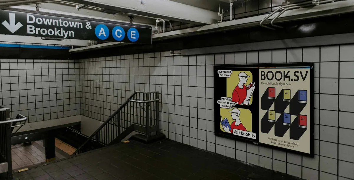 Book.sv posters on a subway platform wall