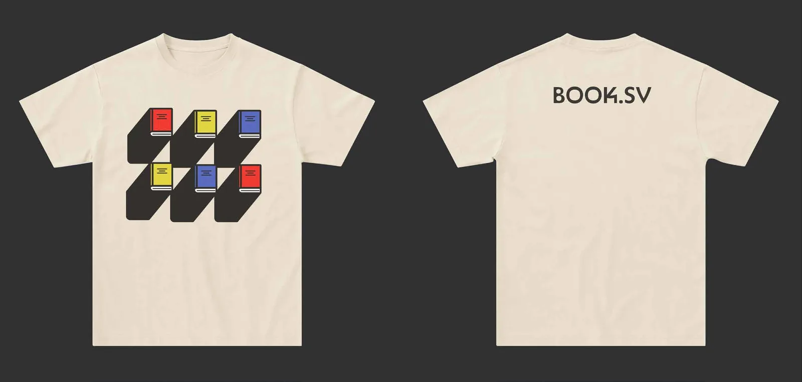 Front and back of a cream Book.sv T-shirt