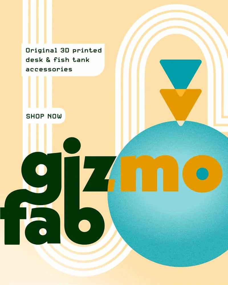 Gizmofab poster: the logo over a teal sphere, with “Shop now”