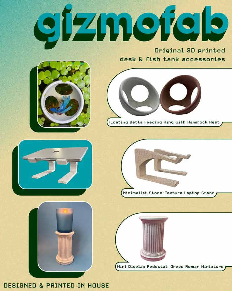 Gizmofab poster showing three 3D-printed products