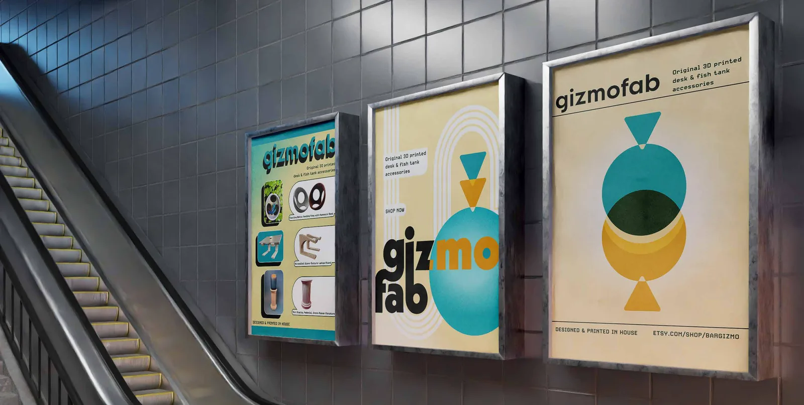Gizmofab posters on the wall beside a subway escalator