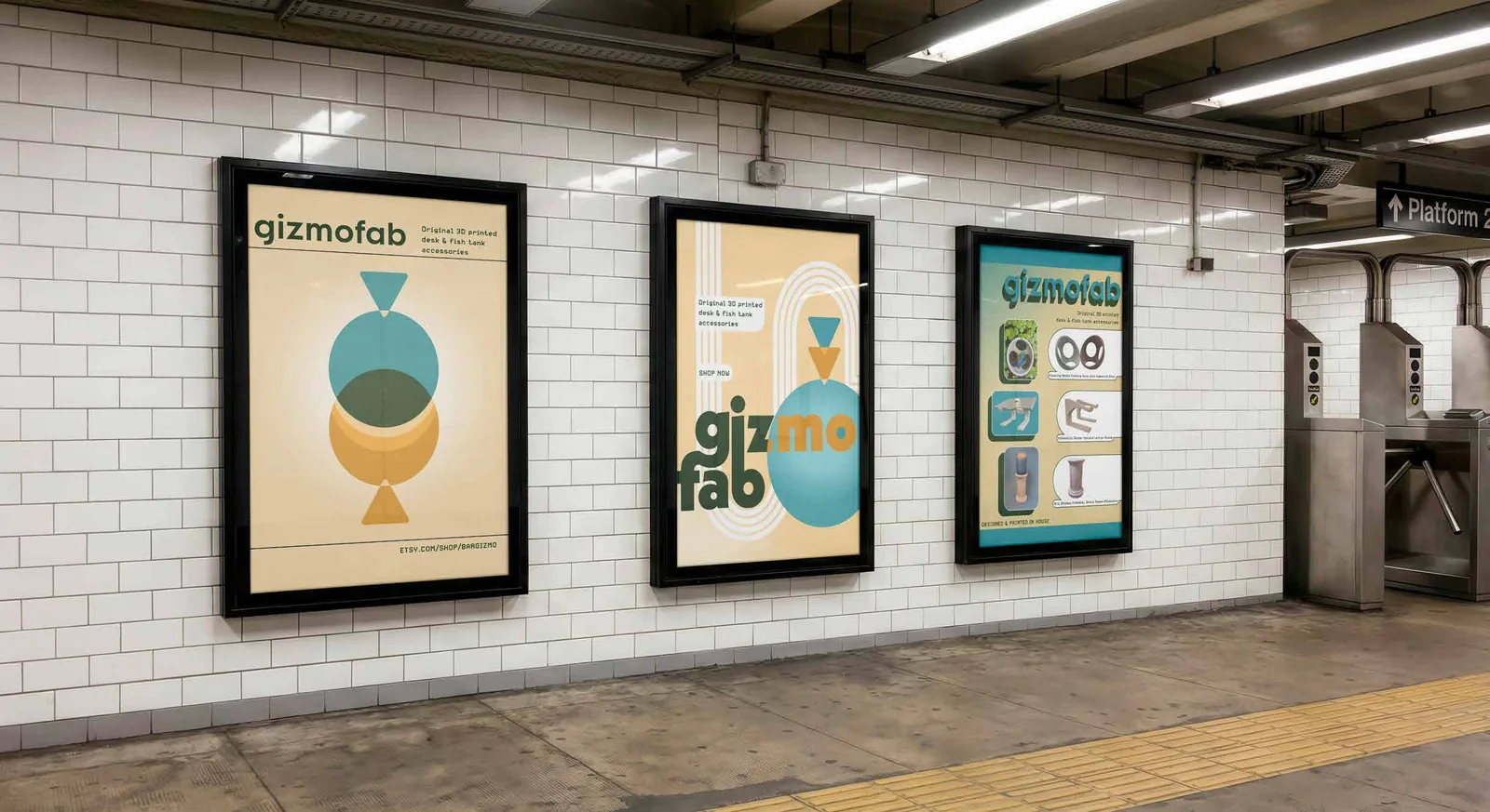 Gizmofab posters on a subway platform wall