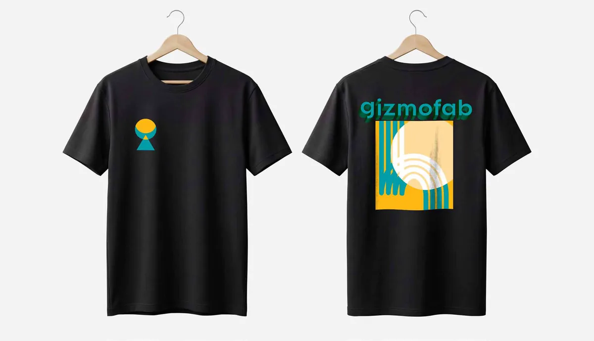 Front and back of a black Gizmofab T-shirt